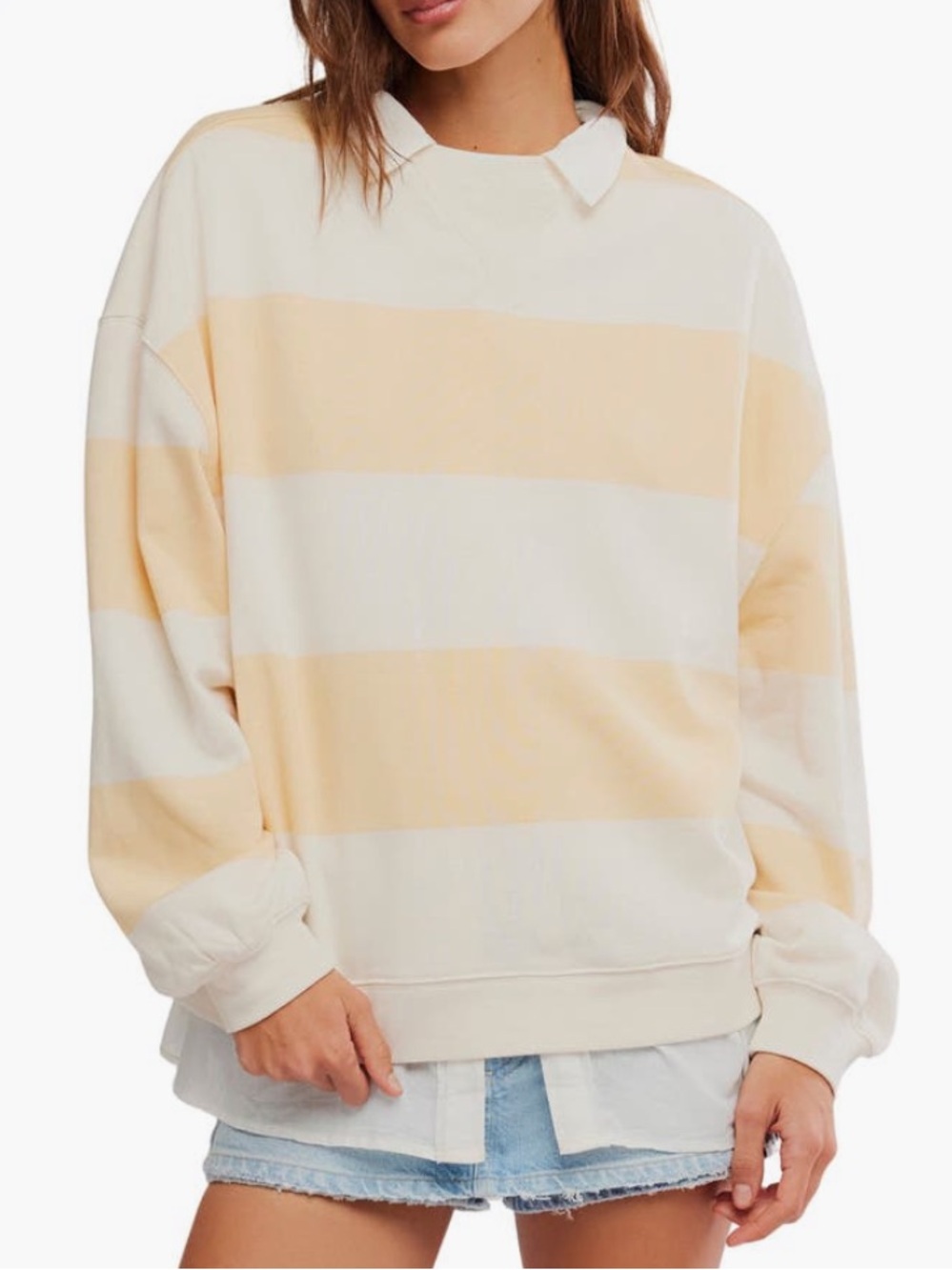Free People Oversize Apricot Cream Combo Stripe Crew Neck Sweatshirt -Sz L, NWOT